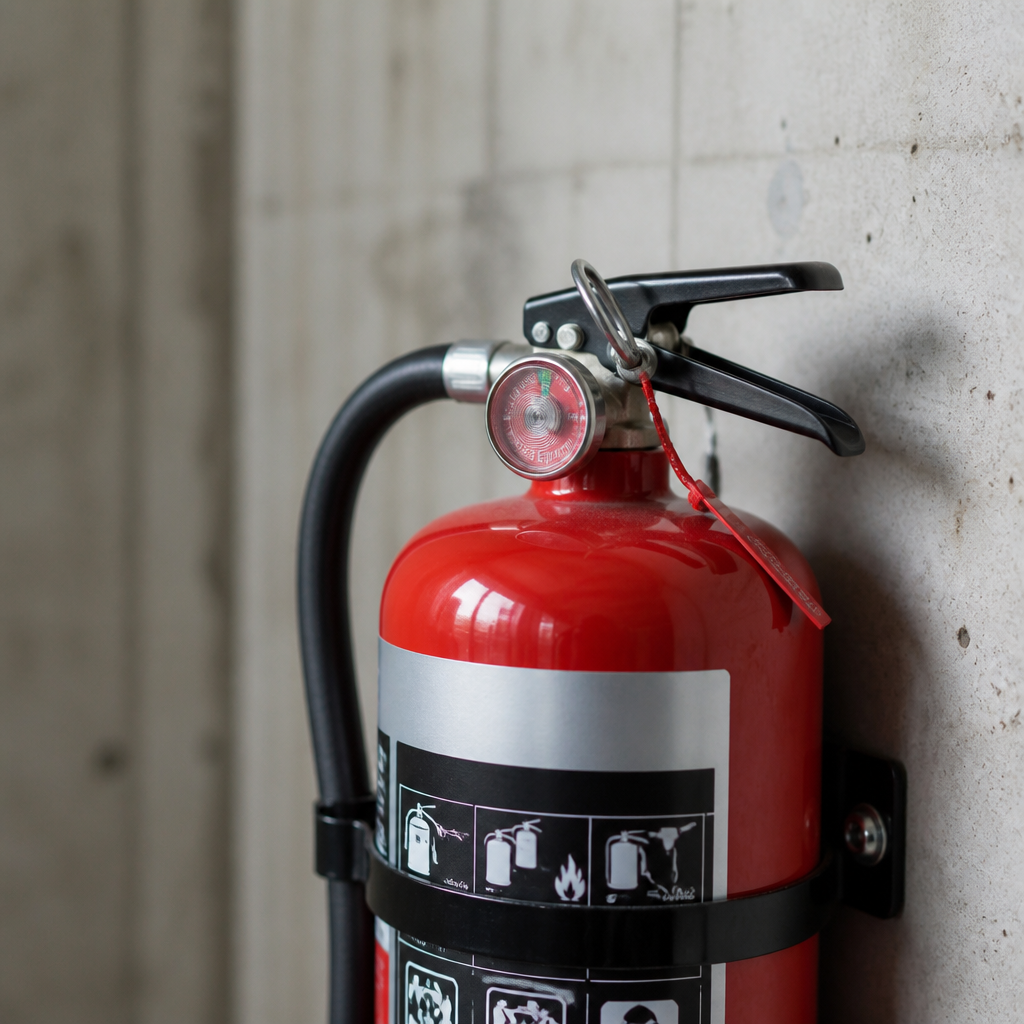 Close view of the pressure gauge, pull pin and rating label of a red multipurpose ABC dry chemical fire extinguisher on a wall bracket
