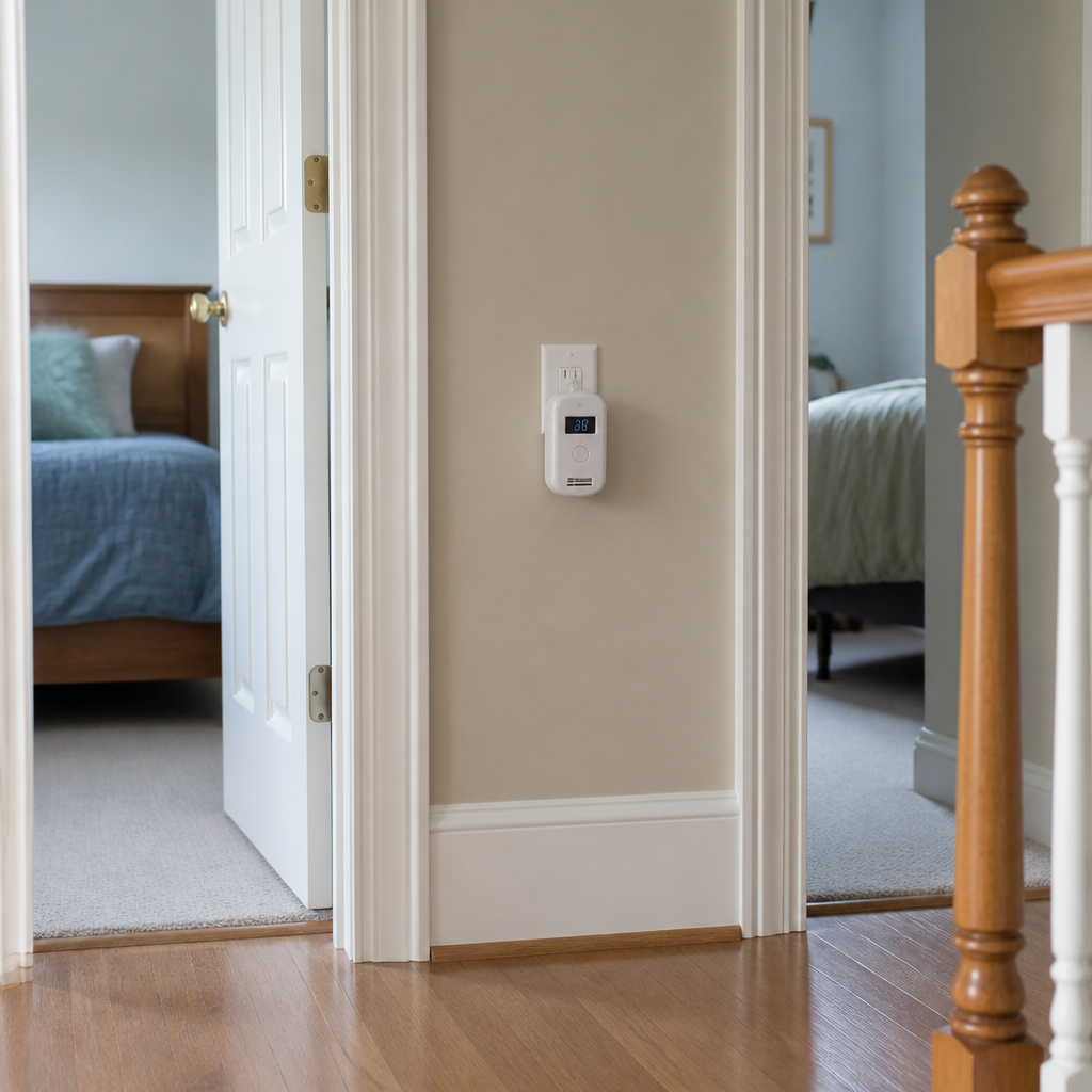 Plug in carbon monoxide alarm with a digital display in a wall outlet on a landing, with two closed bedroom doors on either side