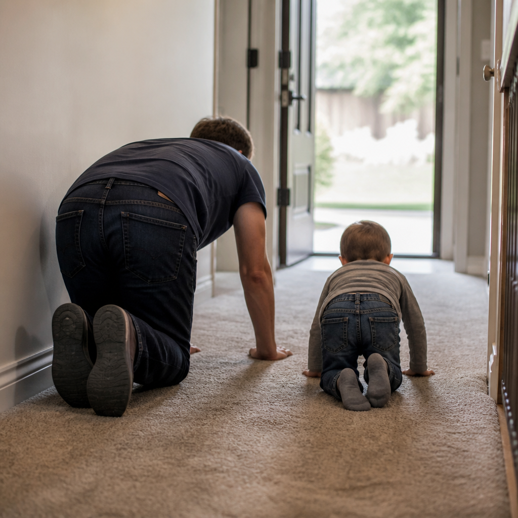 An adult and a young child crawling low along a carpeted hallway floor during a home fire drill, heading toward an open front door