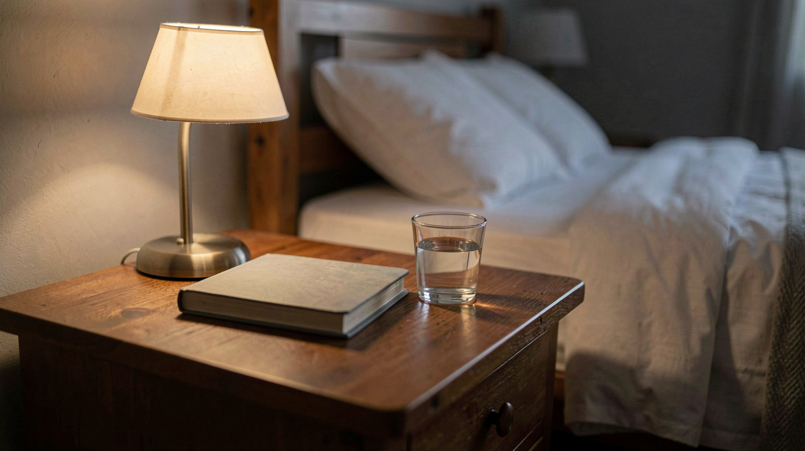 A wooden bedside table in a dim bedroom, holding a small lamp, a closed notebook, and a glass of water, with soft warm light from the lamp and a blurred bed in the background.