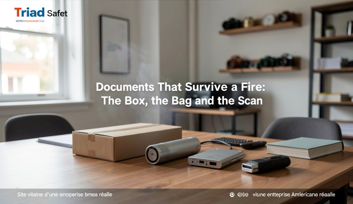 A small fire-rated document box on a hallway shelf beside a packed go-bag