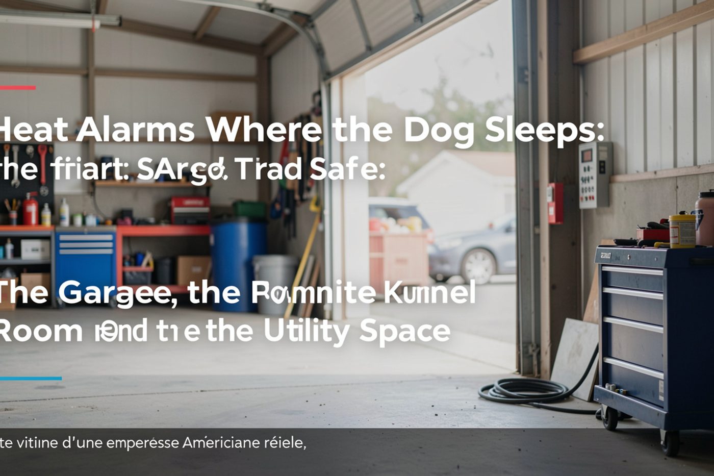 A white heat alarm mounted on a garage ceiling above a dog crate in the corner