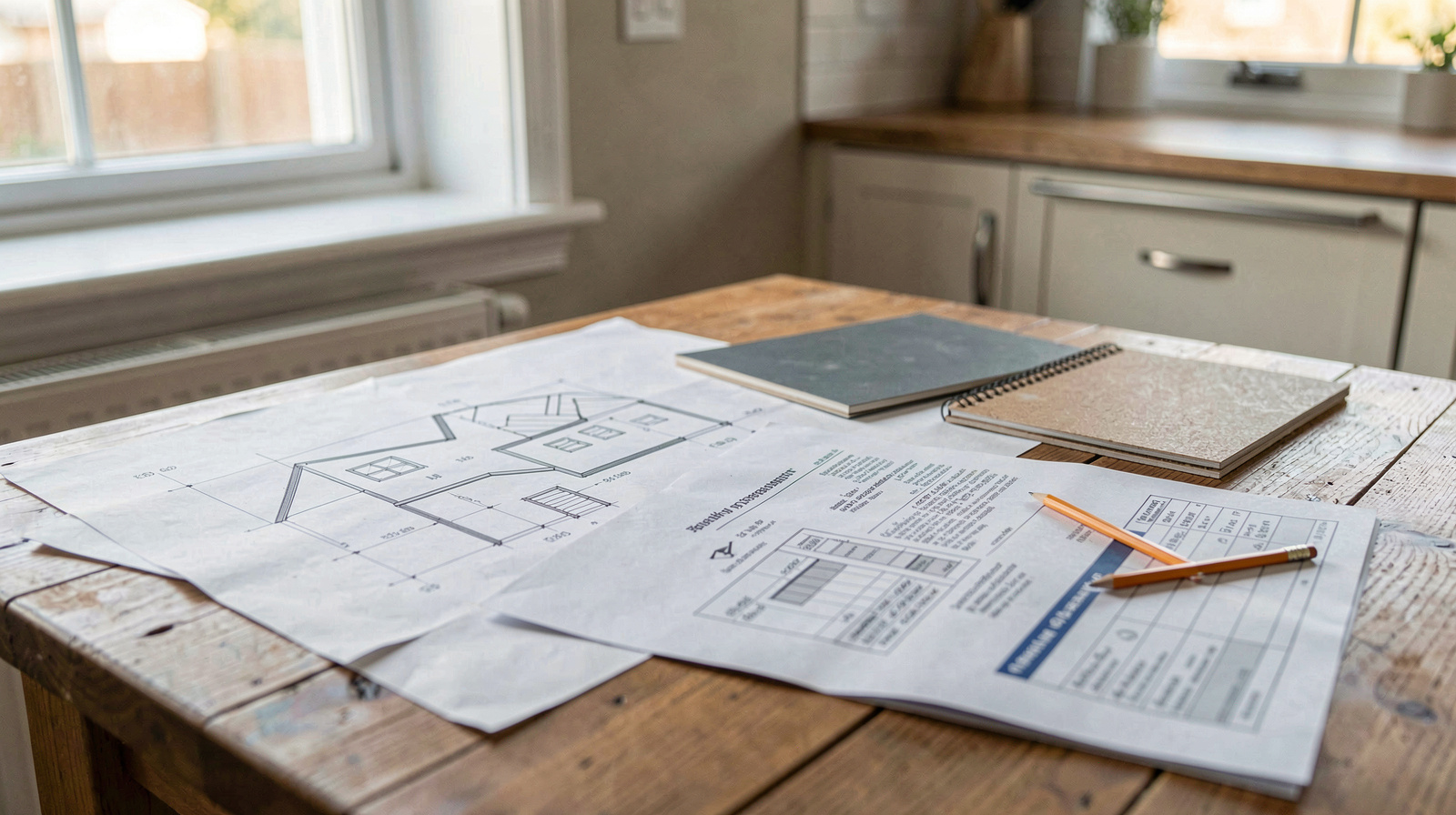 A kitchen table covered with house plans, a utility bill, a material sample and a pencil, lit by morning light from a side window, medium shot from slightly above.