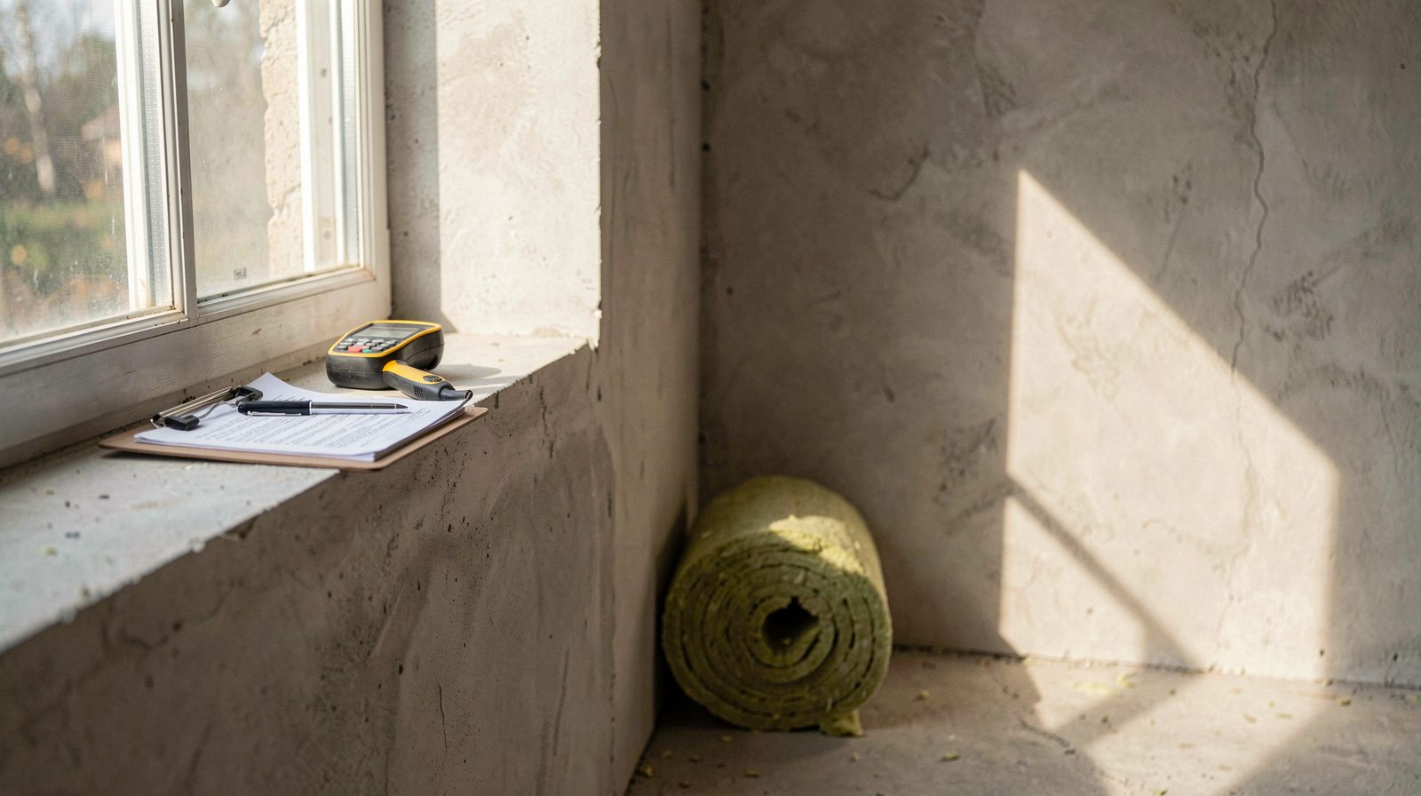 A surveyor's clipboard and a moisture meter resting on a windowsill in an empty room, morning light raking across a bare plaster wall and a rolled insulation batt on the floor.